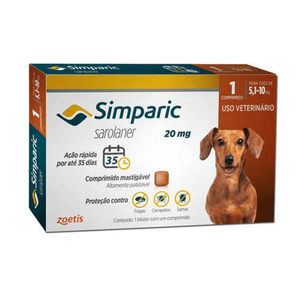 Antipulgas Zoetis Simparic 20 Mg Para Cães 5.1 A 10 Kg - 1 Comprimido